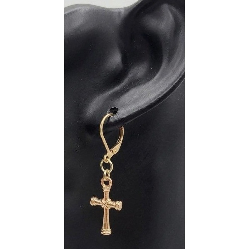 Handmade Earrings Gold Toned Cross Leverback Hypoallergenic # - Picture 3 of 8